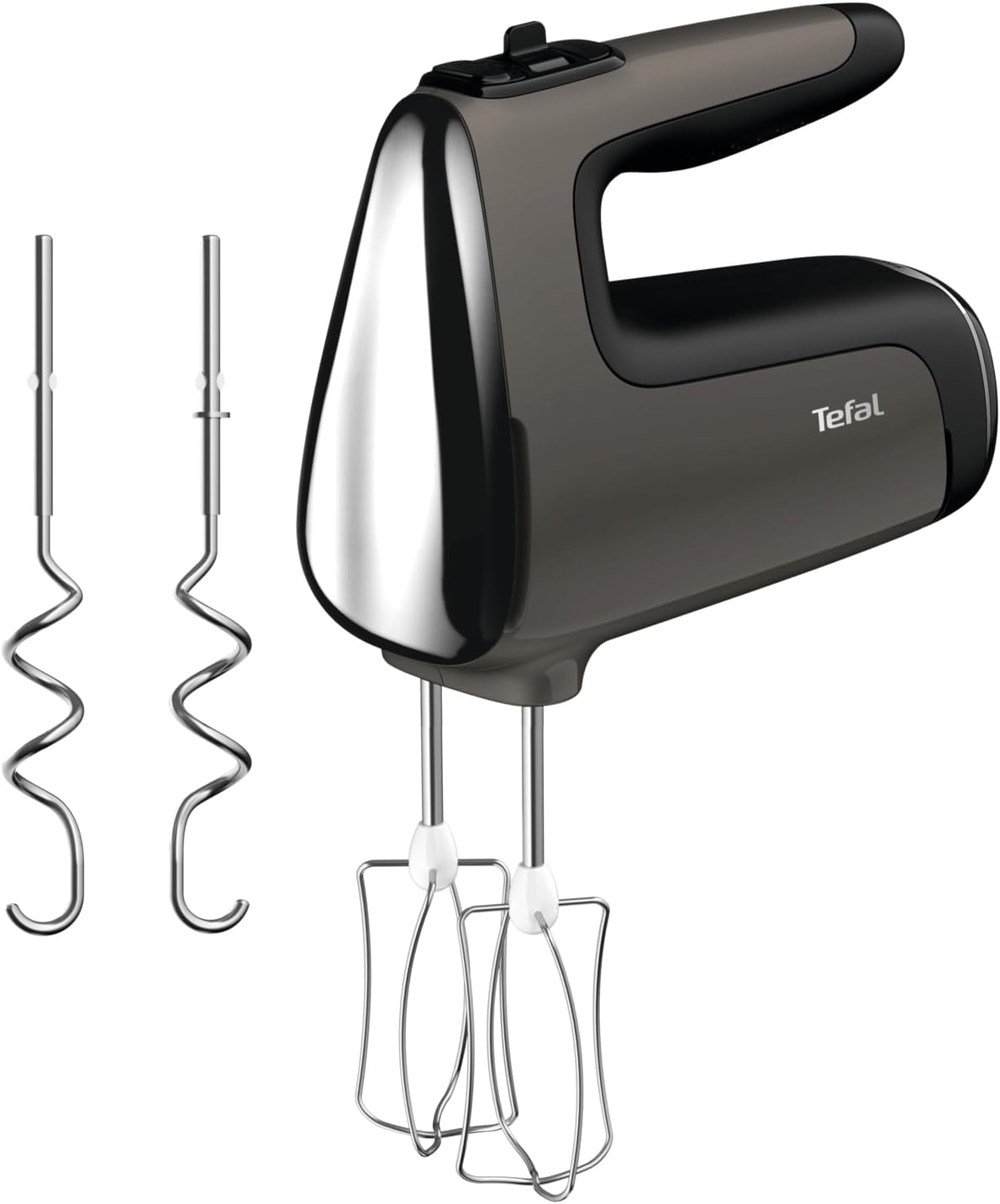 Tefal Power Mix Silence Hand Mixer - 600 W Powerful and Extra Quiet, Variable Speed ​​Control with Turbo, Stainless Steel Whisk and Dough Hook, Ergonomic Handle, Lightweight Hand Stirrer in Gray