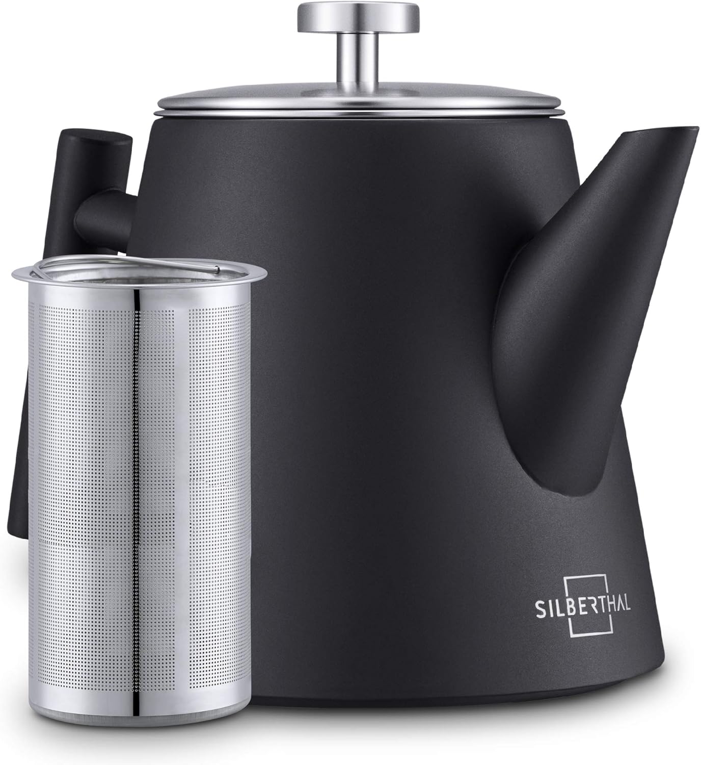 SILBERTHAL Stainless Steel Teapot with Strainer Insert, Double-Walled with Thermal Function, Keeps Stays for a Long Time, 1 L, Black