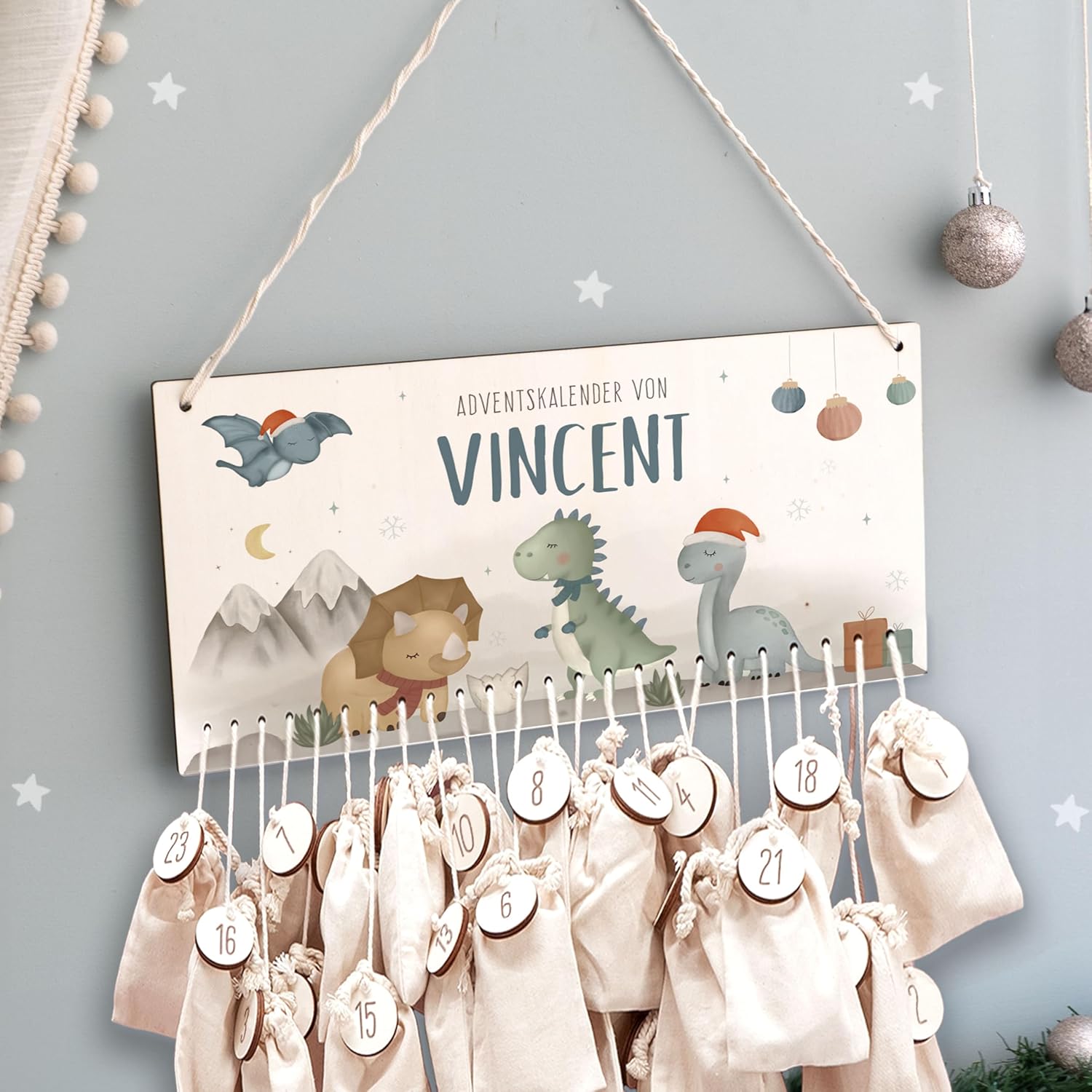 Advent Calendar Personalized for Children | Wooden Advent Calendar to Fill | Wall Mounted Christmas Calendar DIY with Name | hellomini (Dino World)