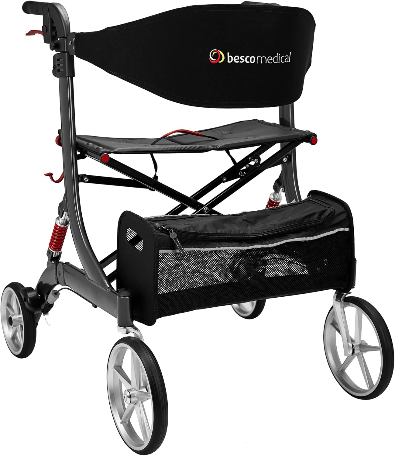 Besco Medical Folding Lightweight Aluminum Rollator Besco Medical Spring XL with Suspension, Complete Kit, Wide Seat and High Load