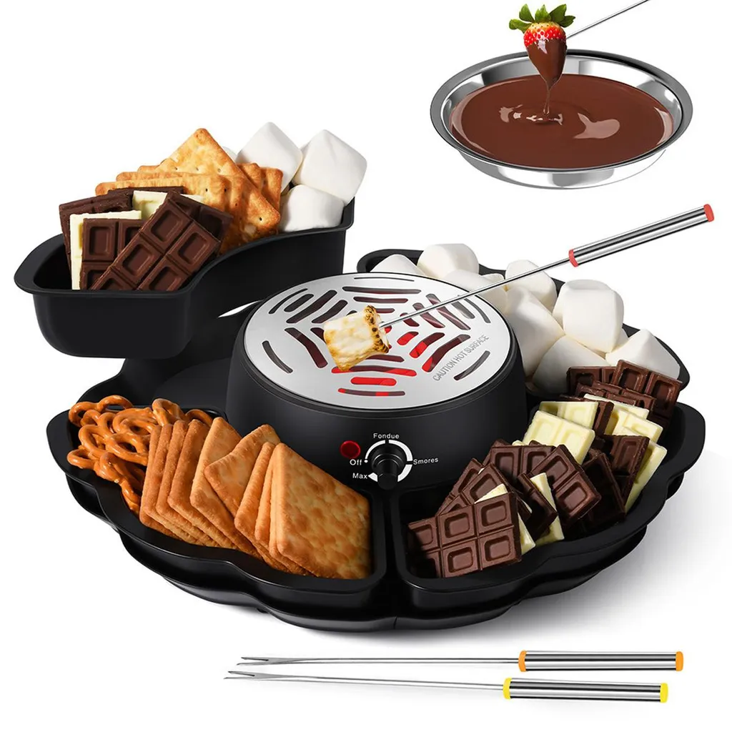 Novzep 2-in-1 Electric S'mores Maker & Fondue Set, Indoor Tabletop Appliance with 4 Forks, 4 Trays & Flameless Heating Plate, Gift Idea