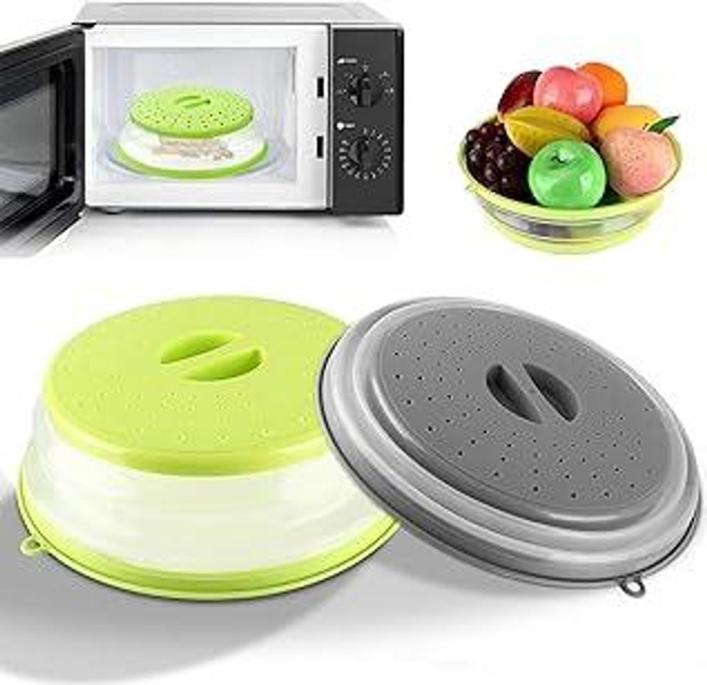 Akhan 2-Piece Microwave Lid/Cover, 21.7cm Microwave Cover, Microwave Covers, Microwave Cover, Also as Filter Basket with Steam Holes (Green + Grey)