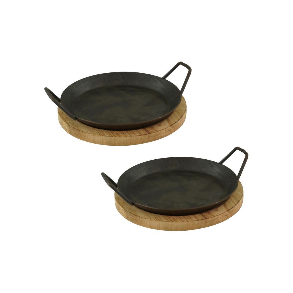 GVKECO 2 wrought iron serving pans with two side handles and a board, ø 24cm