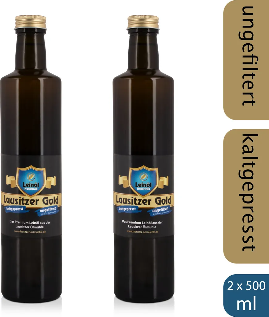 Lausitzer Ölmühle Hoyerswerda 2 x Lausitzer Linseed Oil - Lausitzer Gold (cold-pressed unfiltered premium linseed oil), 2 x 500ml