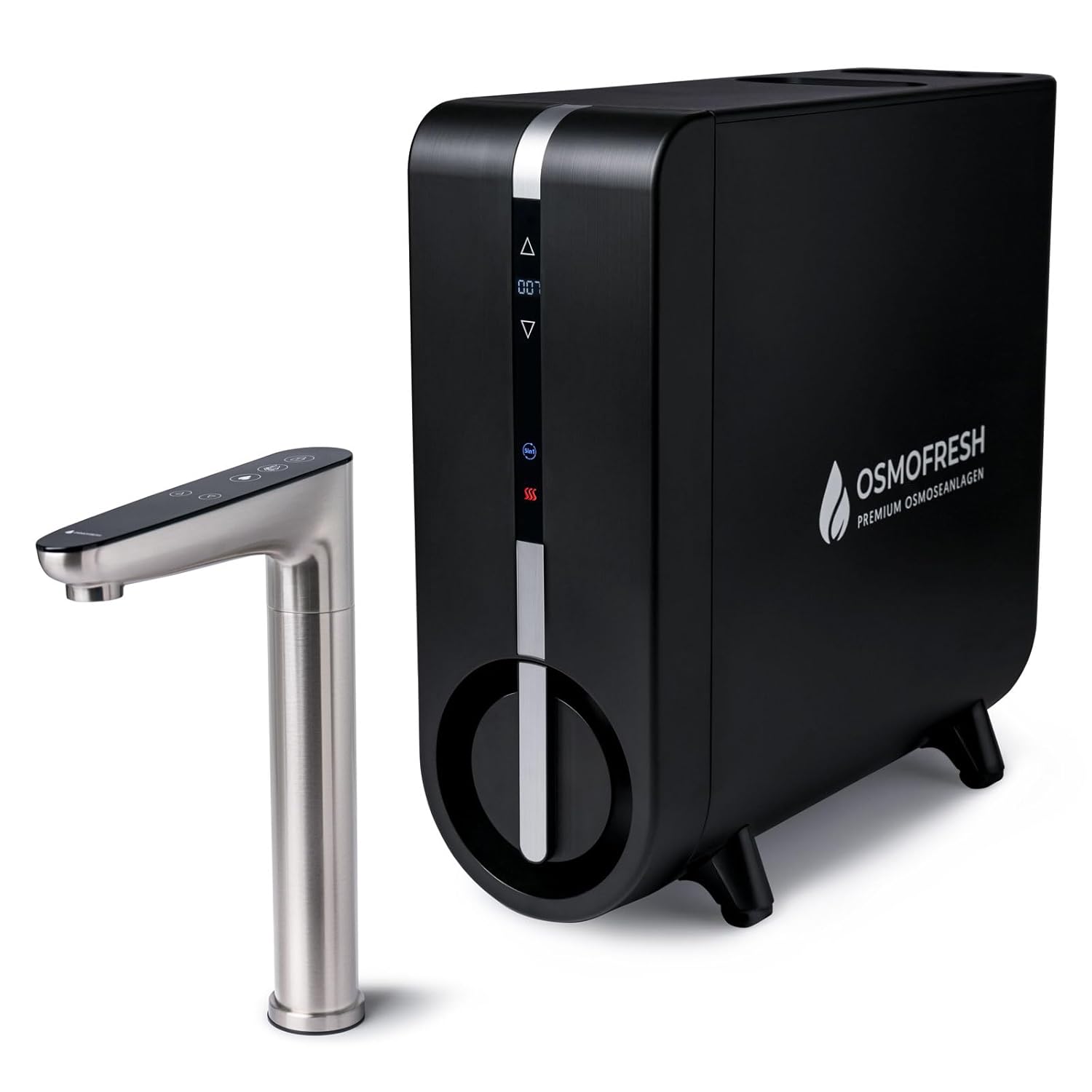 OsmoFresh FlowOne+ Osmosis System 1.8 l/min | Hot water up to 95 °C | Extremely Quiet | 5-in-1 Reverse Osmosis Filtering | 750 GPD | Touch Tap | Water Filter for Kitchen Office | Lime-free drinking