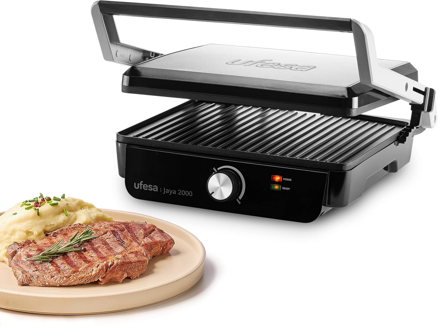 Ufesa Jaya Electric Grill 2000 W - Sandwich Maker, Electric Hob and Grill, 180º Opening, Temperature Control, Height-Adjustable Top Plate, Non-Stick Plates, Easy to Clean