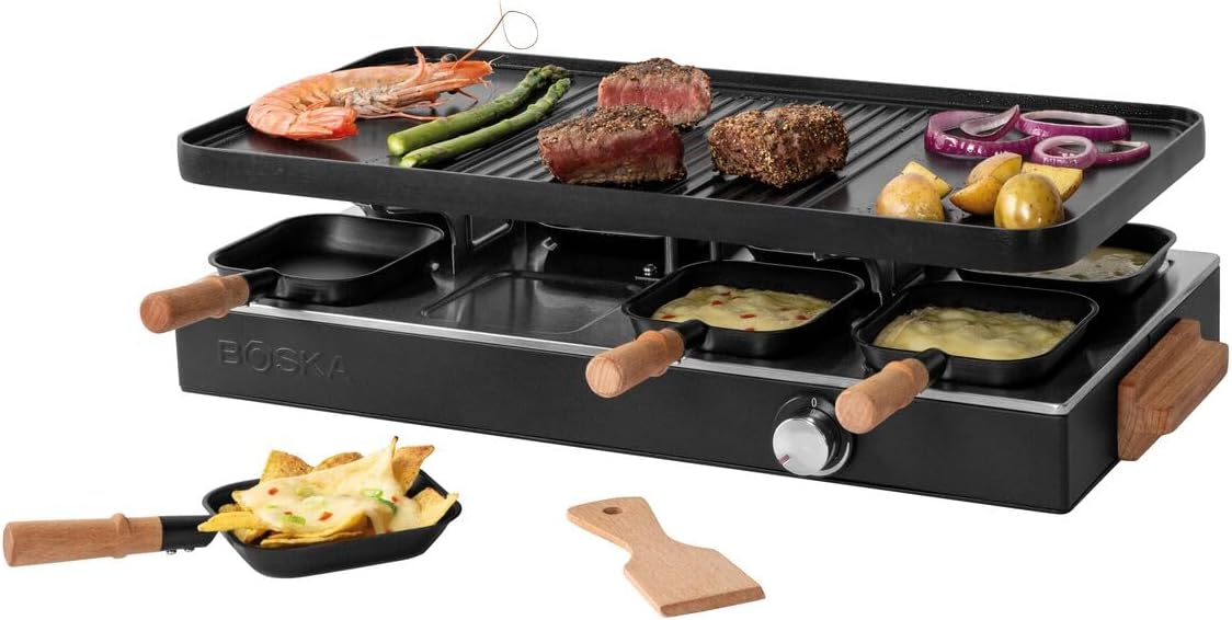 BOSKA Raclette Gourmet Party - Raclette Grill for 8 People - PFAS Free - Ceramic Grill Plate - Beech Wood Handles - Aluminium Reversible Plate - Black