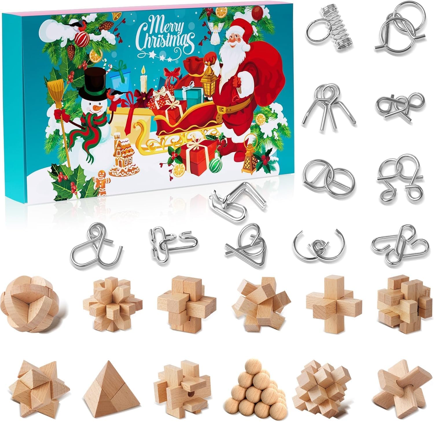 Sakmilu Puzzle Games Advent Calendar 2024 for Children - 24 Days of Christmas Calendar Gifts with Metal Puzzle and Wood, Skill Games, IQ Puzzle for Boys, Girls, Teenagers and Adults