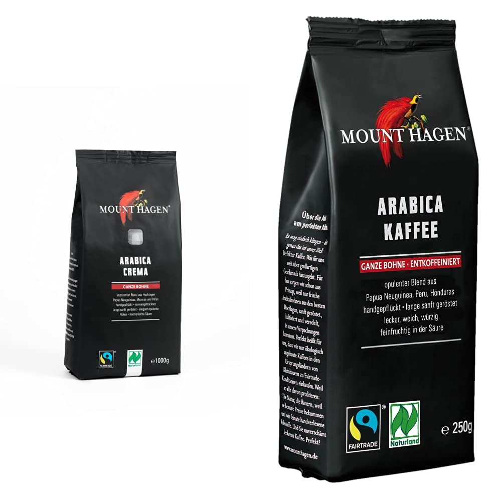 Mount Hagen Bio ft Naturland roasted coffee arabica crema, 1kg whole bean & organic ft natureland roasted coffee arabica, whole bean, decaffeinated, 250 g