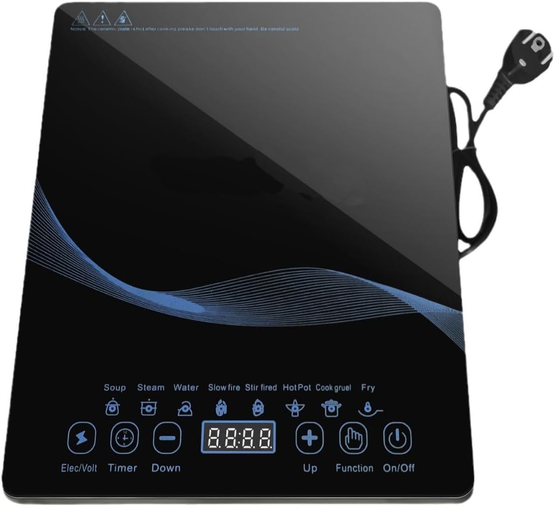 WITFAMILY Single Induction Hob, 2000 W Induction Hob, 1 Plate with Double Ring, 5 Power and Temperature Levels, Safety Lock, Pause Function, Timer Switch, Overheating Protection