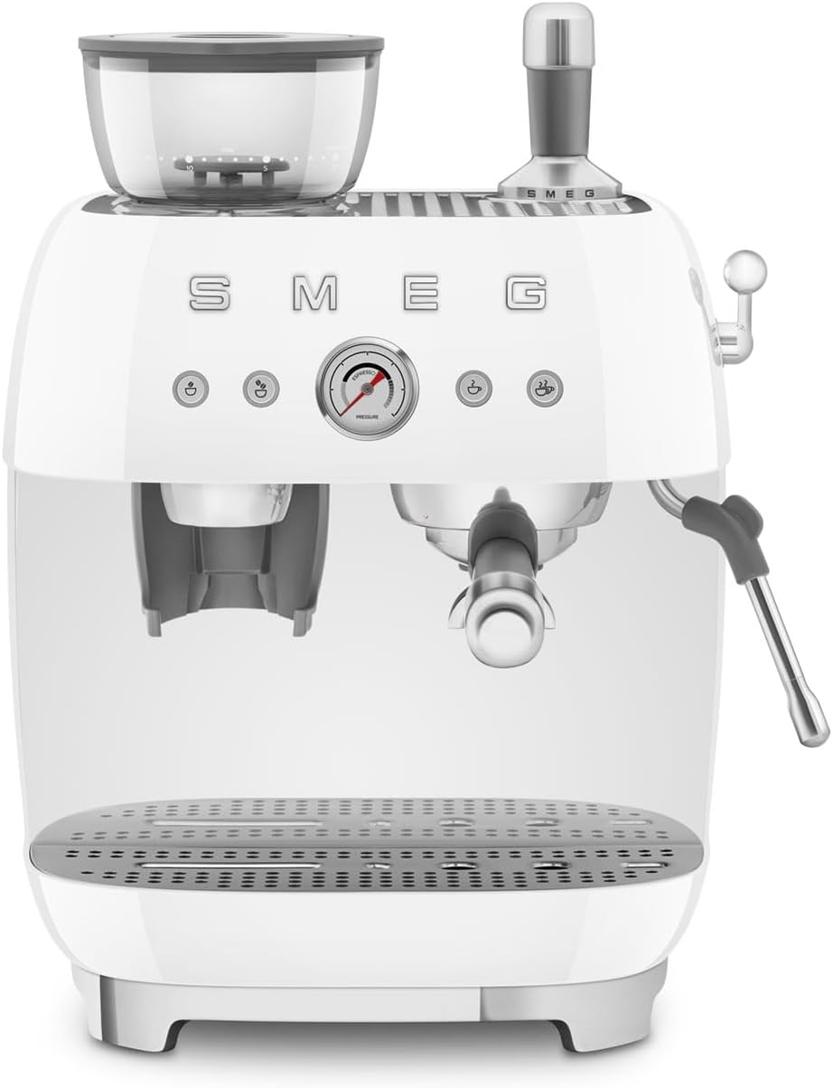 Smeg, EGF03WHEU Manual Espresso Machine with Integrated Coffee Grinder, Thermoblock, 4 Temperature Levels, Steam Nozzle and Pressure Gauge, 1L Tank, Compact Size, 1350W, White