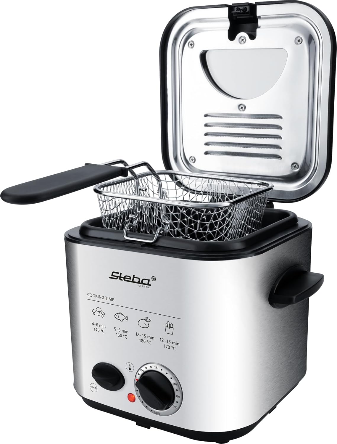 Steba DF 95 Stainless Steel Mini Fryer with Fondue Set 2-in-1 Odour Filter 1.2 Litre Volume 8 Stainless Steel Fondue Forks Powerful and Fast Thanks to 840 Watts