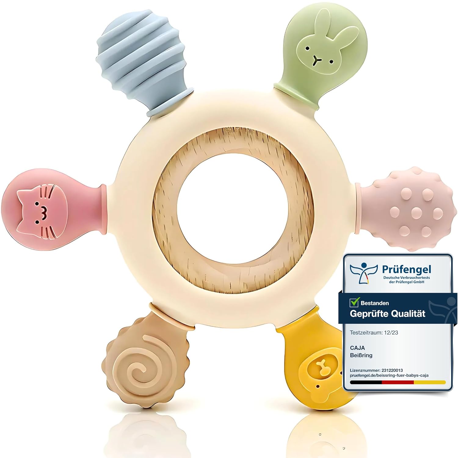 CAJA Baby Teething Ring - Teething Toy - Teething Aid - Teething Ring - Rowing Animal Motif Made of Silicone and Wood, BPA-Free - Teething and Grasping Toy Nursing for Babies (Complexion)