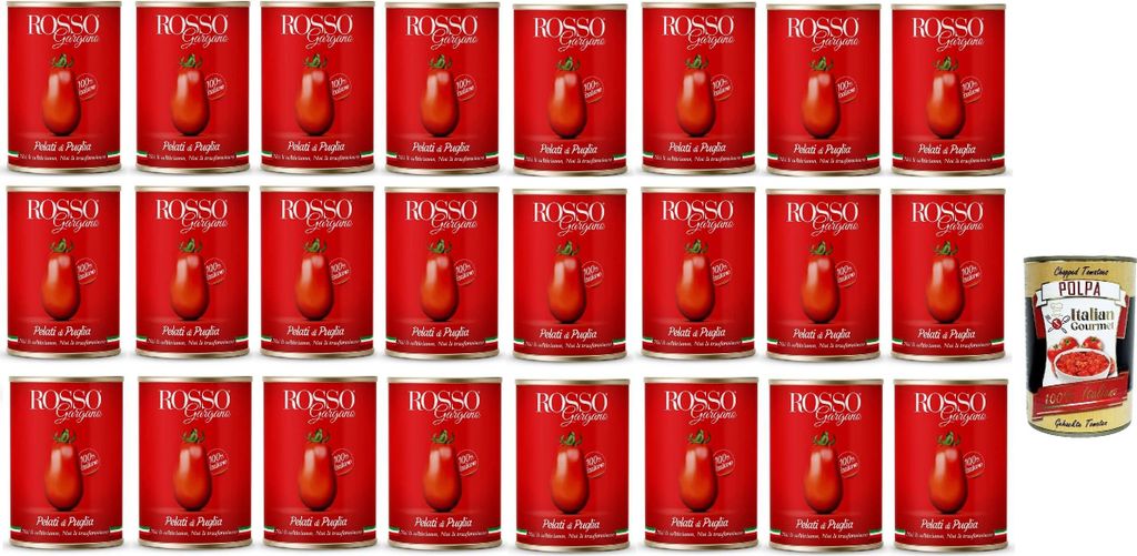Gargano Rosso 24x Rosso Gargano Peeled Tomatoes from Apulia, Italian can, 400g + Italian Gourmet polpa 400g