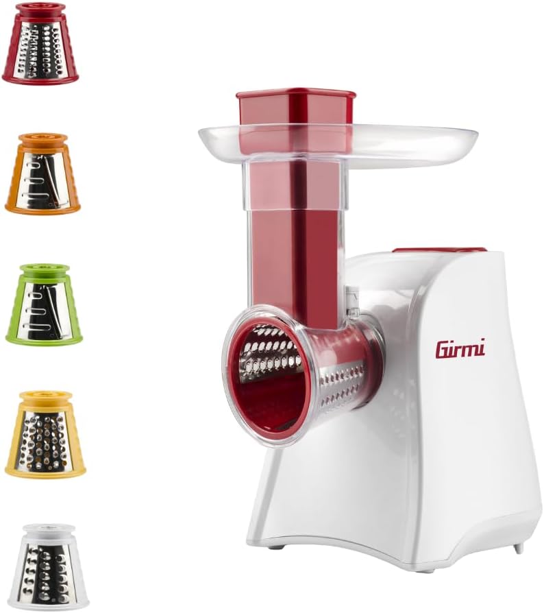 Girmi GT45 Slicer, Grater, 5 Stainless Steel Rollers, 150 W, Fully Removable, White, Red