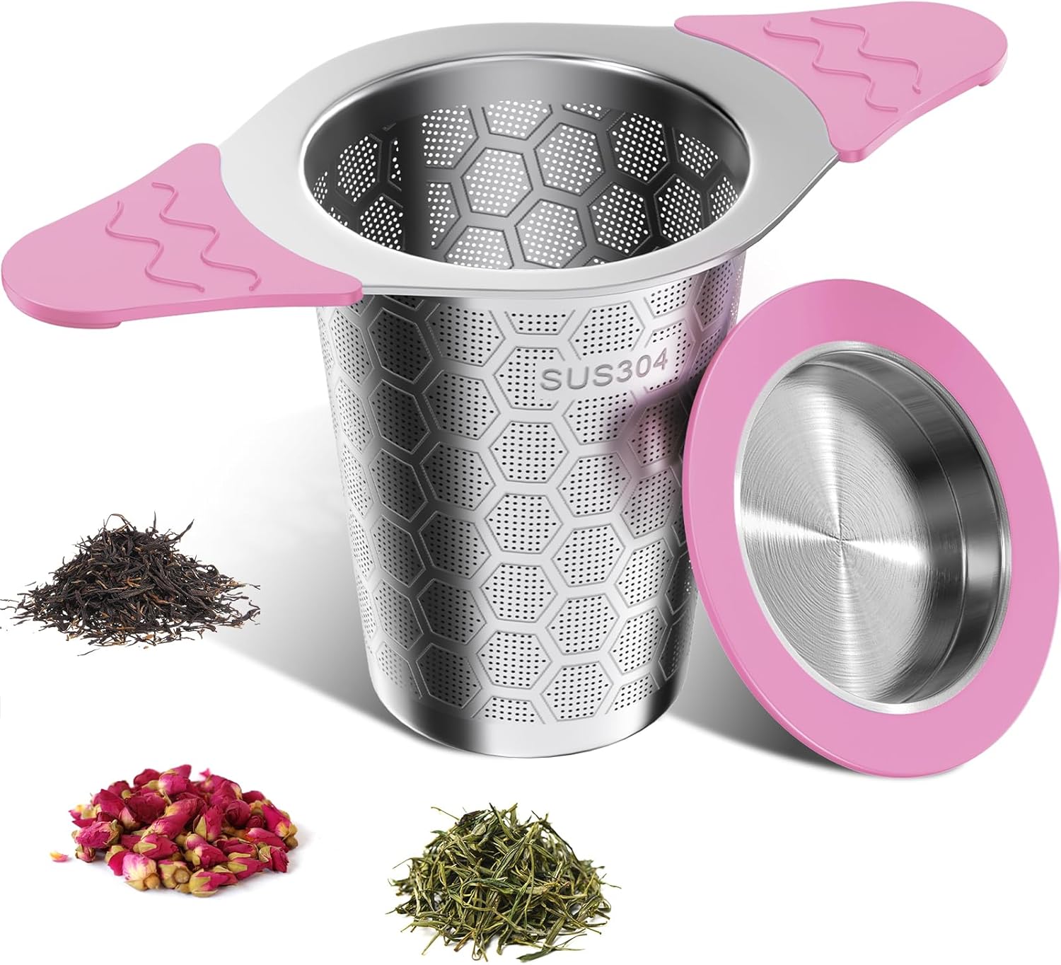 Tea strainer for loose tea with lid, wide handle with heat-resistant silicone, 304 stainless steel tea strainer for teapots/cups, pink