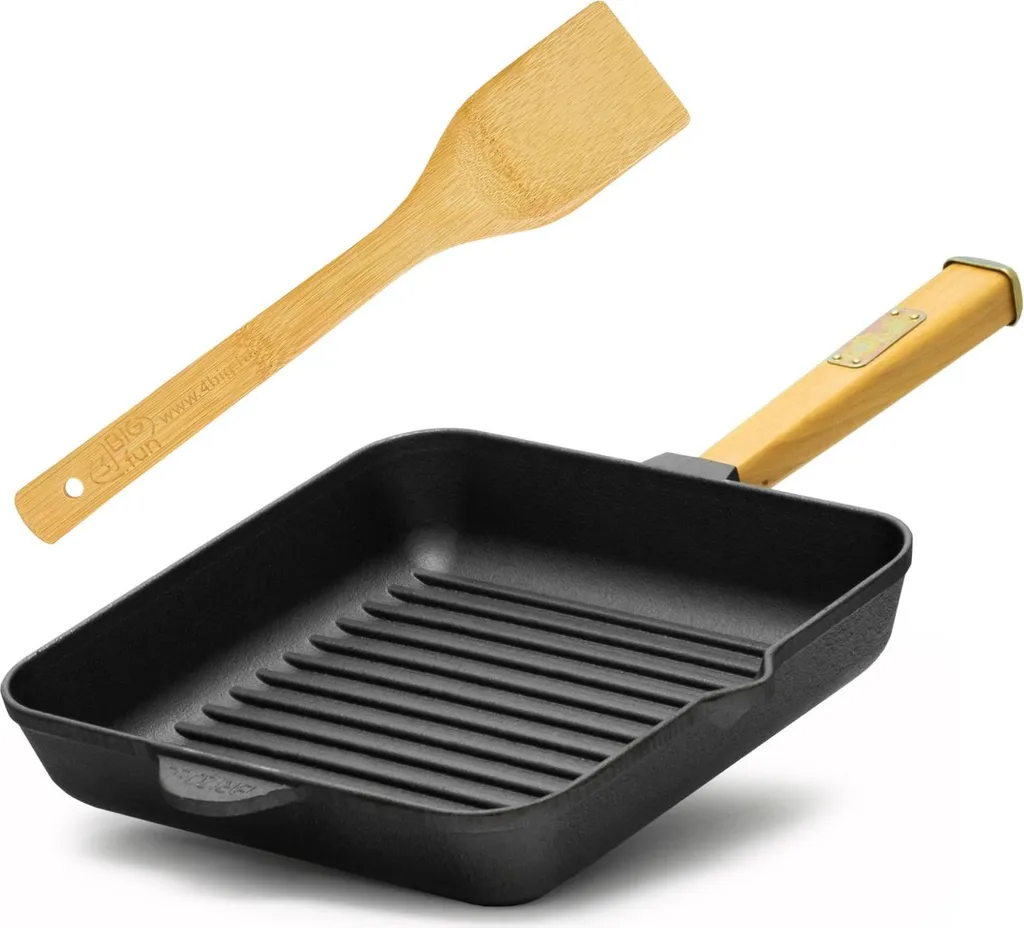 BIG-PAN 26x26x5 cm square cast iron grill pan with wooden handle and spatula, fire pan