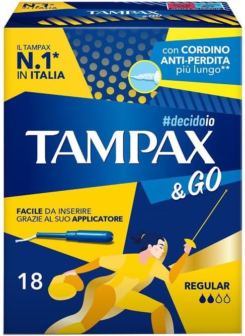 Tampax & Go Regular 18 Tampons with Plastic Applicator, Non-Slip Handle and Double Protective Cord, Ideal for Light to Medium Liquids