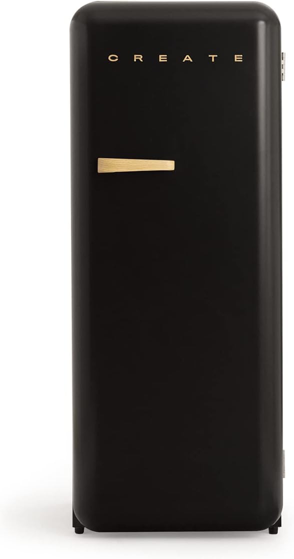 CREATE Retro Friend 150 Wood / Fridge Freezer 281 L in Black, Wood Handle / 102 W, Low Energy Consumption, 150 cm, 3 Shelves, Temperature Control, 60 x 60 x 150 cm