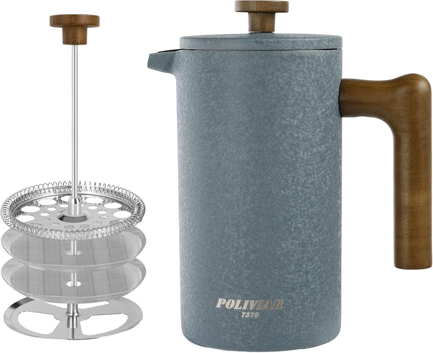 Poliviar French Press Coffee Maker, 1 Liter/8 Cups, Double-Walled Insulated Coffee Pot and Tea Maker, Hand Filter, Coffee Press with Plunger & Wooden Handle (JX2023-FPLU-DE)