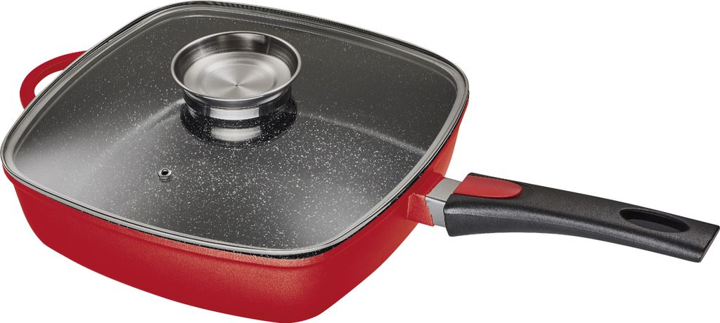 28x28cm KING® cast aluminum rectangular frying pan with durable ceramic coating inside: FUSION® TI / with glass lid / with removable pan handle / lid with aroma knob / color: red