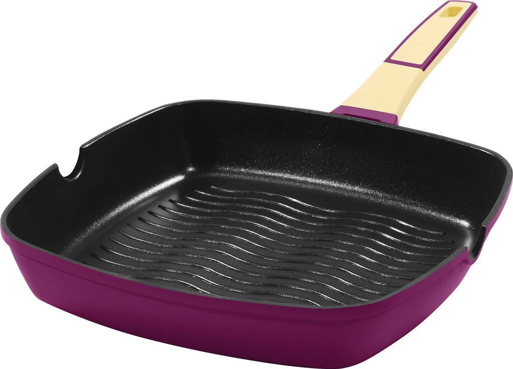 28x28cm rectangular grill pan, approx. 5.5cm high, KING® GOURMET AUBERGINE, made of cast aluminum with ceramic-reinforced non-stick coating: XYLAN™ PLUS SILVER DIAMOND / Color: Aubergine