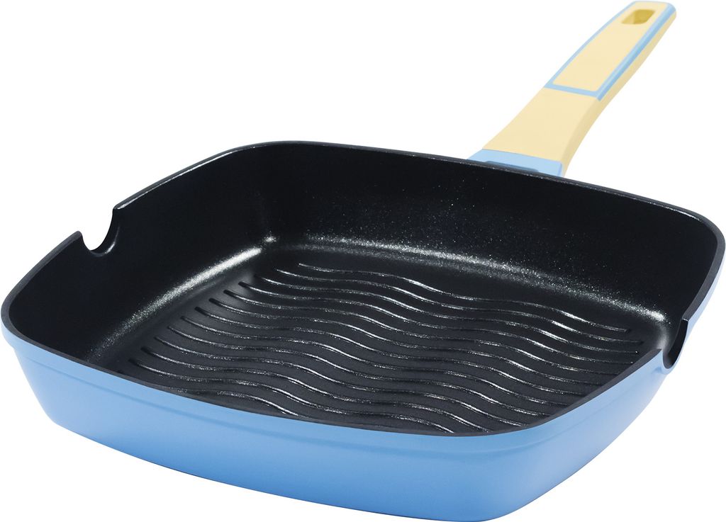 28x28cm rectangular grill pan, approx. 5.5cm high, KING® GOURMET BLUE, made of cast aluminum with ceramic-reinforced non-stick coating: XYLAN™ PLUS SILVER DIAMOND / Color: Blue
