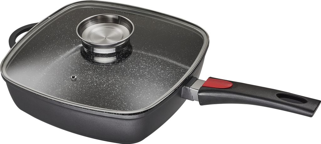 28x28cm rectangular frying pan, approx. 7cm high, KING® cast aluminum with ceramic coating, interior: FUSION TI / removable pan handle / lid with aroma knob / color: anthracite