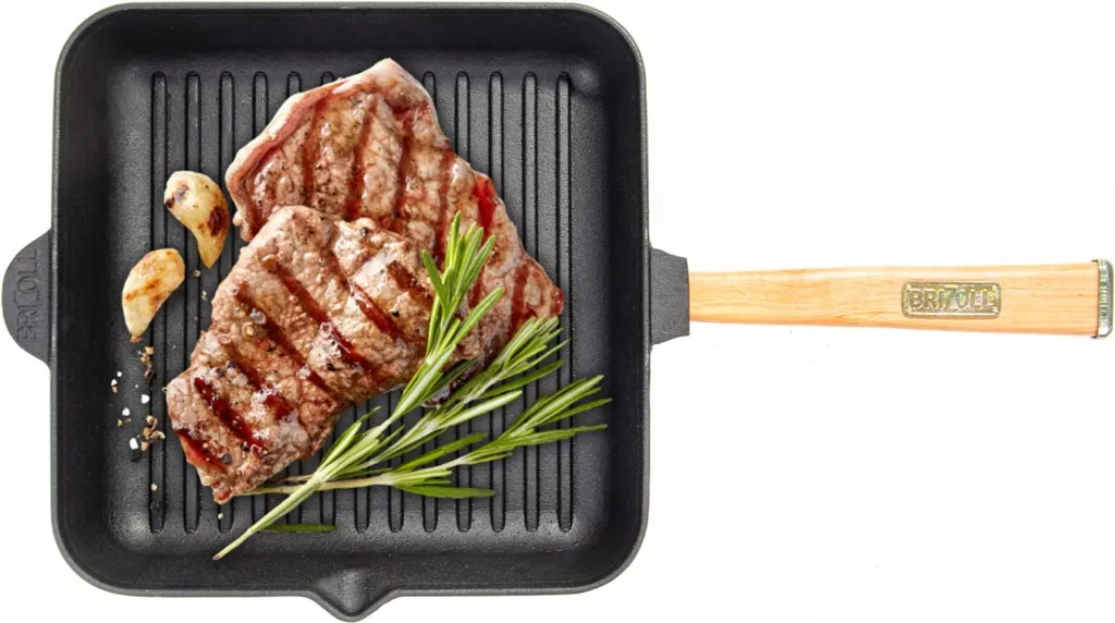 BIG-PAN 28x28x5 cm Square Grill Pan Cast Iron Wooden Handle Fire Pan Steak Pan