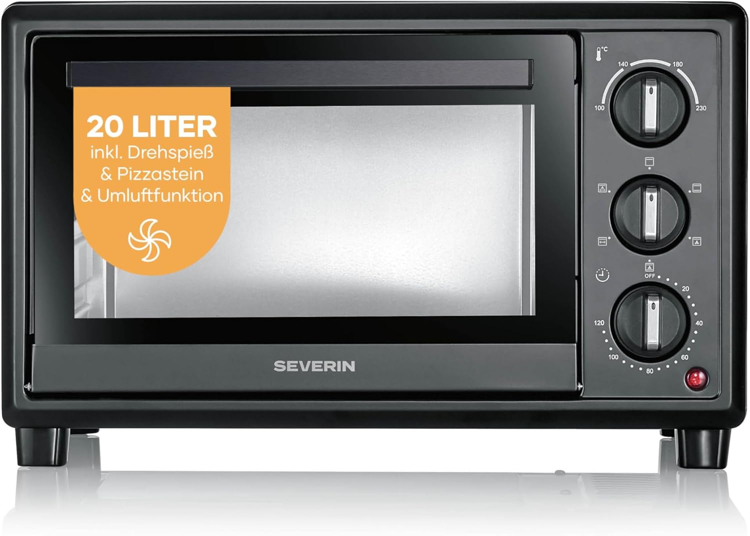 SEVERIN Store Severin Baking and Toaster Oven, 20 L, up to 230 °C, Convection Function, Top and Bottom Heat, Includes Pizza Stone, Rotisserie Spit, Crumb Tray, Baking Tray, Cooking Rack, 120 Min. Timer, 1600 W