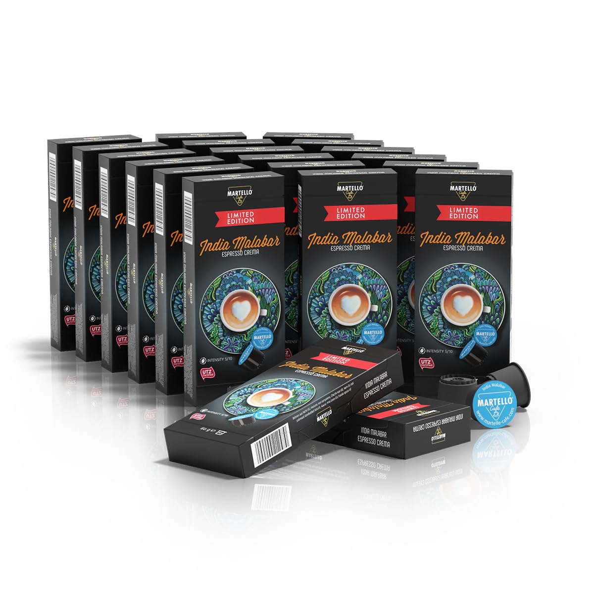 MARTELLO Cafe Martello Coffee Capsules Limited Edition India Malabar UTZ Certified Sustainable and Fair Hand Picked Master Pack 200 Capsules (20 x 10), for Martello Capsule Machines