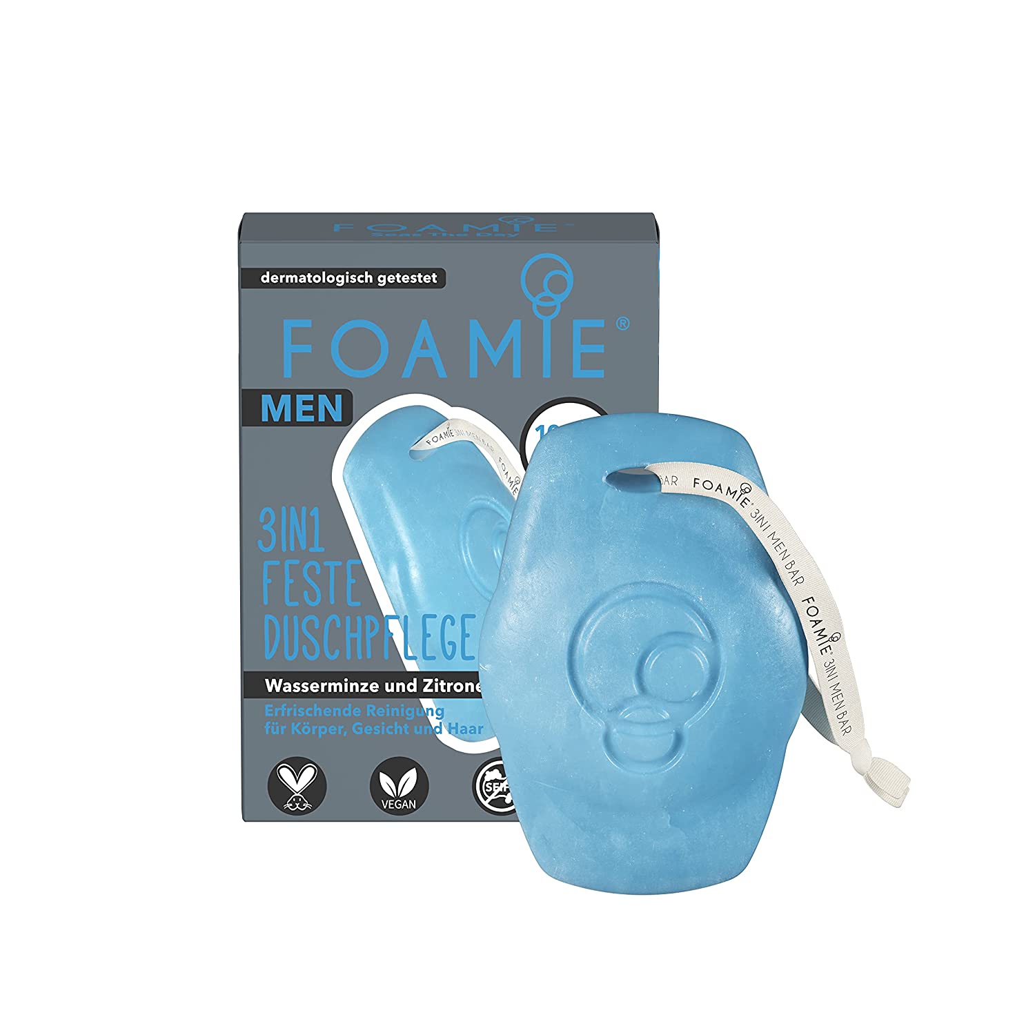 Foamie 3in1 Feste Duschpflege Seas The Day, Festes Duschgel & Shampoo für Männer mit Wasserminze & Zitrone, Gesichtsreinigung 100% vegan für Haut & Haar, feste Dusche 90g, ‎blau