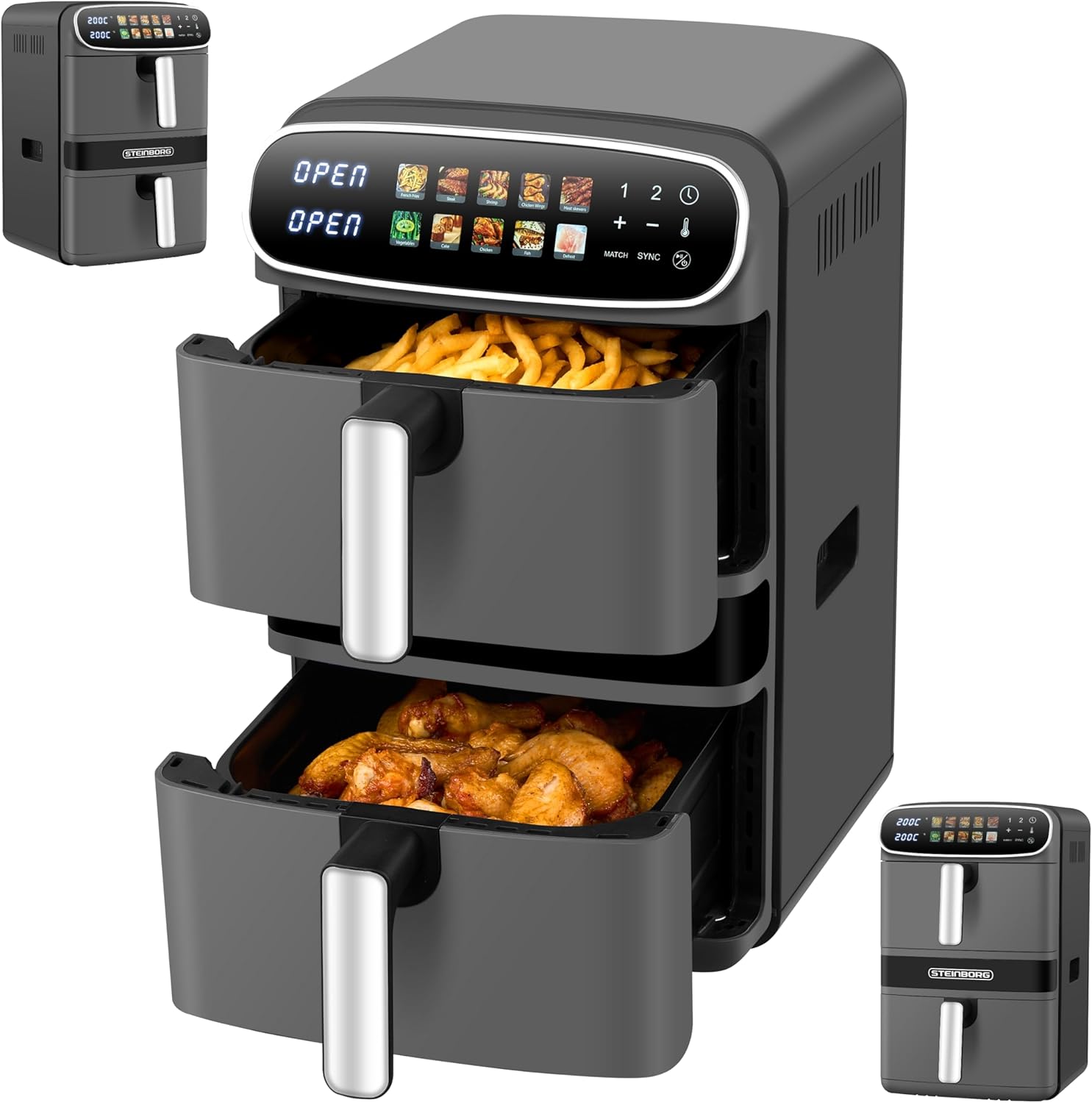Steinborg XXL Hot Air Fryer, 12 Liters, Double Chamber, Hot Air Fryer, 2 Vertical Drawers, 6L + 6L, Grilling, Baking, Dehydrating, Frying, Fryer, Without Oil, Hot Air Oven