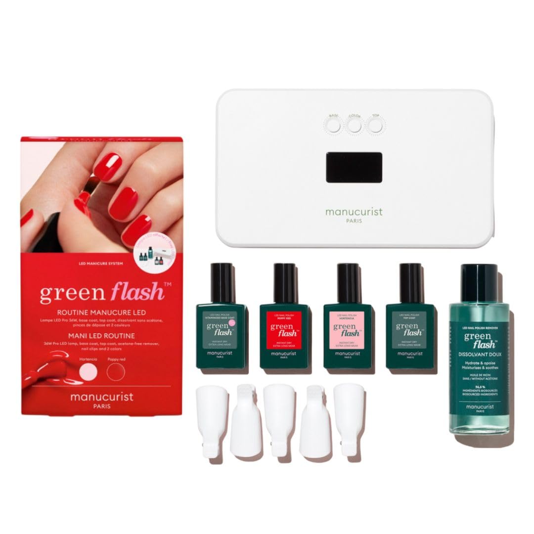 MANUCURIST • New Green Flash Slim Gel Nail Polish Kit • 36W LED Nail Lamp with Base Coat + Top Coat + 2 Colors: Poppy Red & Hortencia + Gel Nail Lamp + Nail Polish Remover + Nail Clips Kit