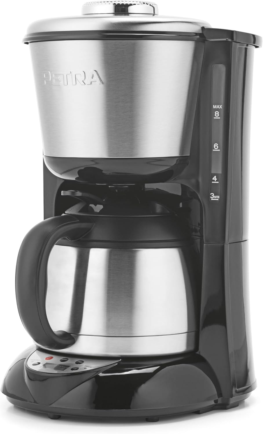 Petra PT6162VDE Filter Coffee Machine 1L Drip Brewing System Stainless Steel Jug Digital Display Coffee Strength Control Ground Coffee Compatible Integrated Timer 800W