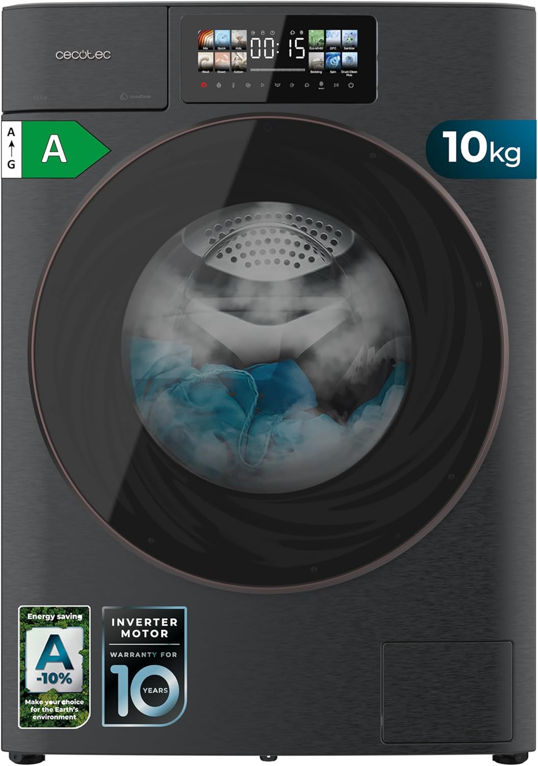 Cecotec Washing Machine 10 kg Front Loader Bolero Dress Code 10950 Car Socket Inverter 3D Steel A. 1400 rpm, Matrix Display 9.2 Inches, 16 Prog, Low Consumption, Inverter Plus Motor, Auto Dosage, Steammax