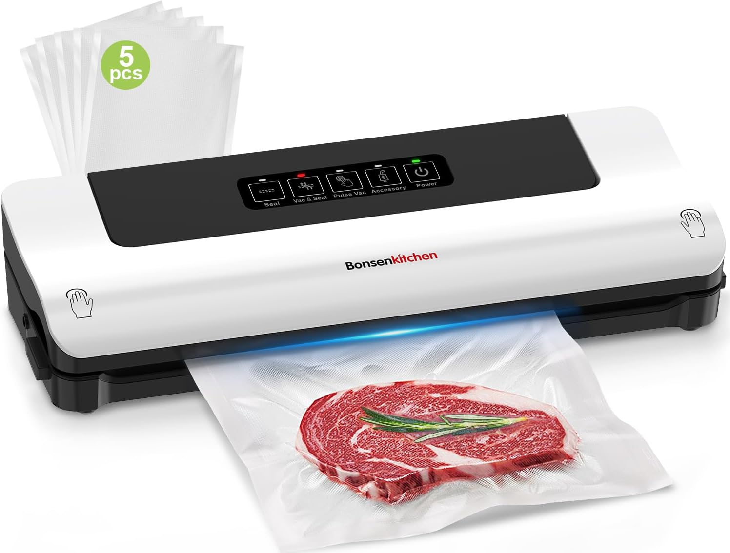 Bonsenkitchen Compact Vacuum Sealer - Vacuum Machine Vacuum for 15 Seconds Suitable for Sous Vide, Meat, Cheese and Food Preparation - Effective Extending the Freshness of Food