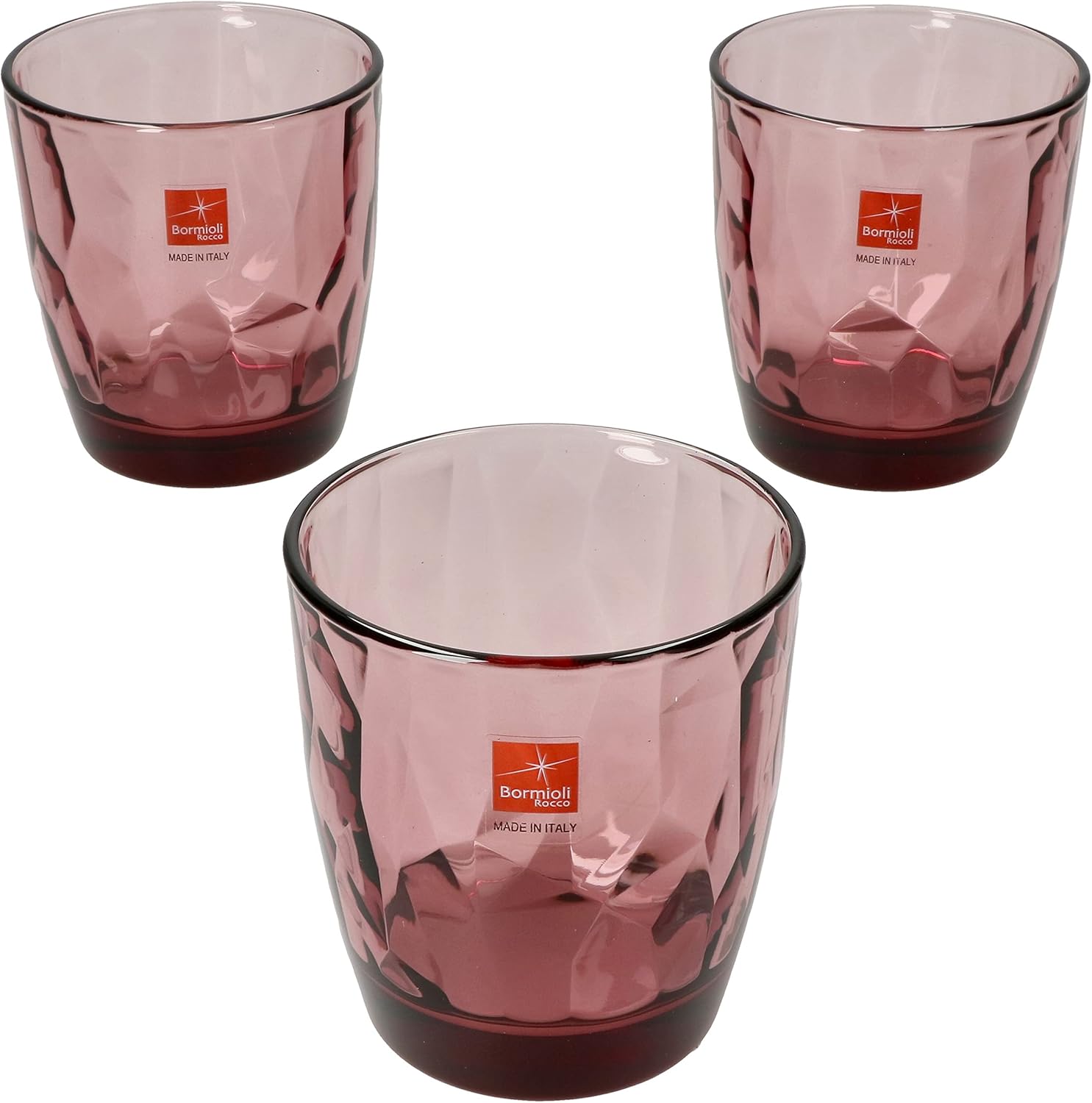 Bormioli Rocco Set of 3 Diamond Whiskey Glass Rock Purple I 305 ml I Diameter 8.5 cm I Diamond Structure I Bottom Ice I Purple Drinking Glasses for Water, Soda, Juice & Co, Whiskey Tumbler, Cocktail