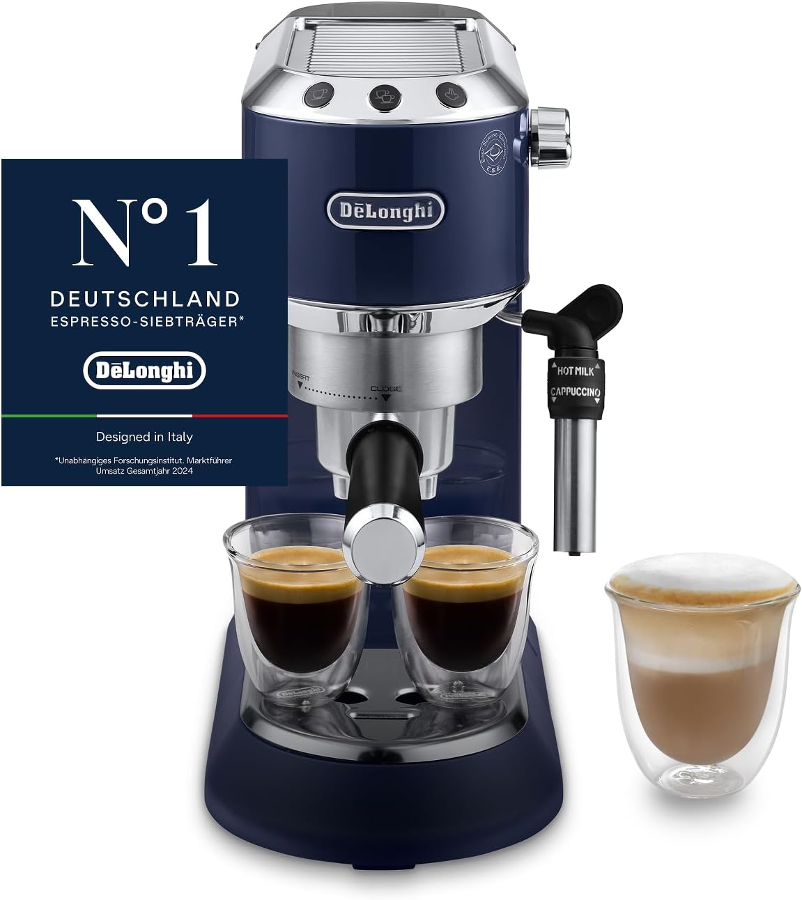 De\'Longhi Dedica Style EC685.BL Espresso Portafilter Machine, Espresso Machine with Professional Milk Frother, Only 15 cm Wide, for Coffee Powder or ESE Pads, 1 Liter Water Tank, Blue