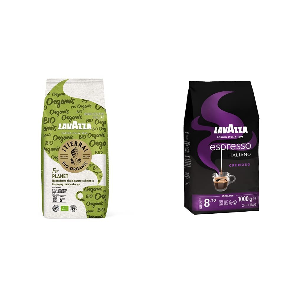 Lavazza, Tierra For Planet, 100% Organic Arabica Coffee Beans, 1 kg & Espresso Italiano Cremoso, Arabica and Robusta Coffee Beans, with Aroma Notes of Spices and Cocoa, Intensity 8/10, 1 kg