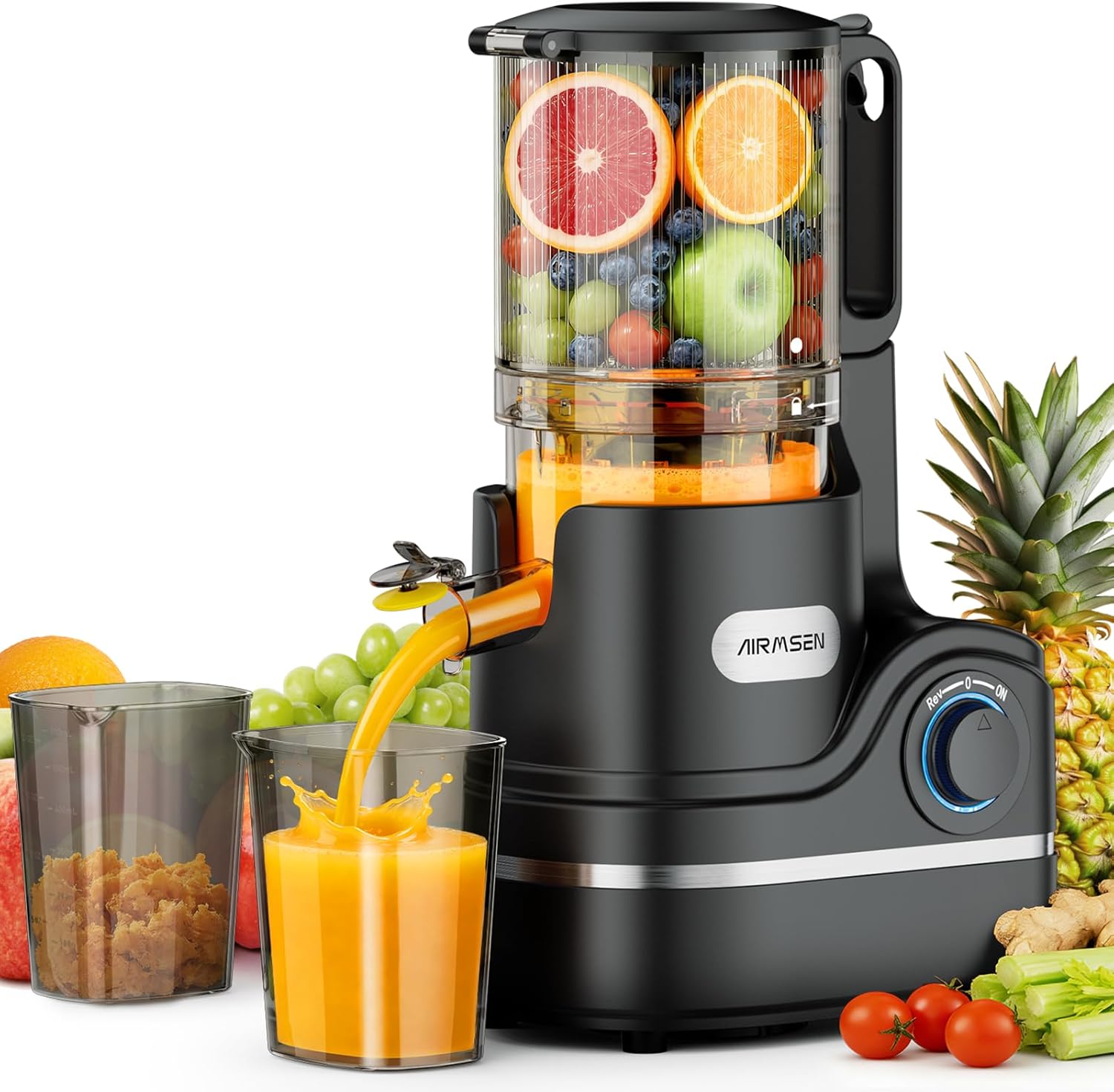 AIRMSEN Juicer - Slow Juicer with 147 mm Extra Large Filling Chute, 2.1 L Capacity, 300 W Motor, 7+1 Levels Improved Slow Spiral, High Juice Yield for Whole Fruits and Vegetables, Black