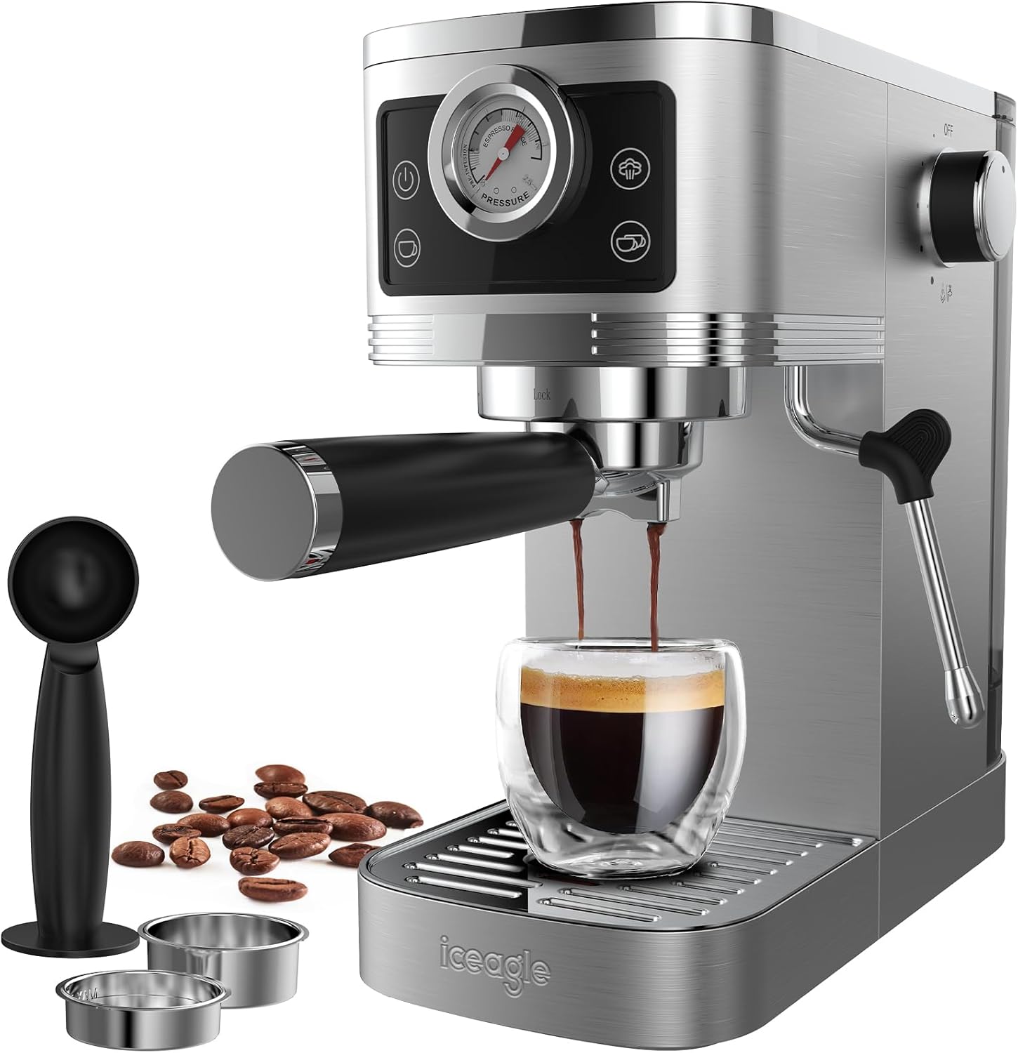 iceagle Espresso Portafilter Machine 20-Bar Italian Pump 1350W Espresso Machine Stainless Steel with Milk Frother, Coffee Machine for Cappuccinoo, Touchscreen with Pressure Display, 1.3 L Water Tank