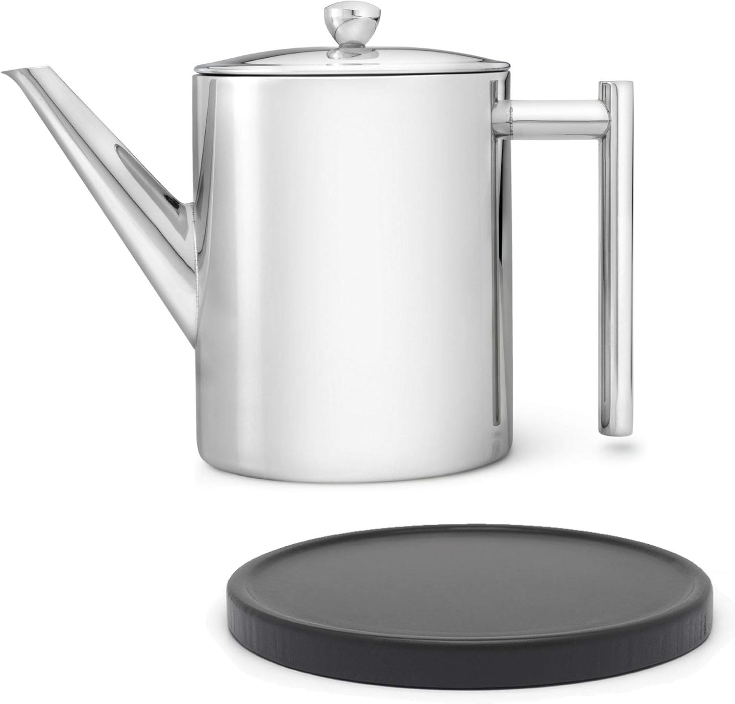 High Gloss Double-Walled Stainless Steel Teapot 1.2 Litres & Classic Tea Maker with Tea Filter Insert for Loose Tea & Round Black Wooden Trivet