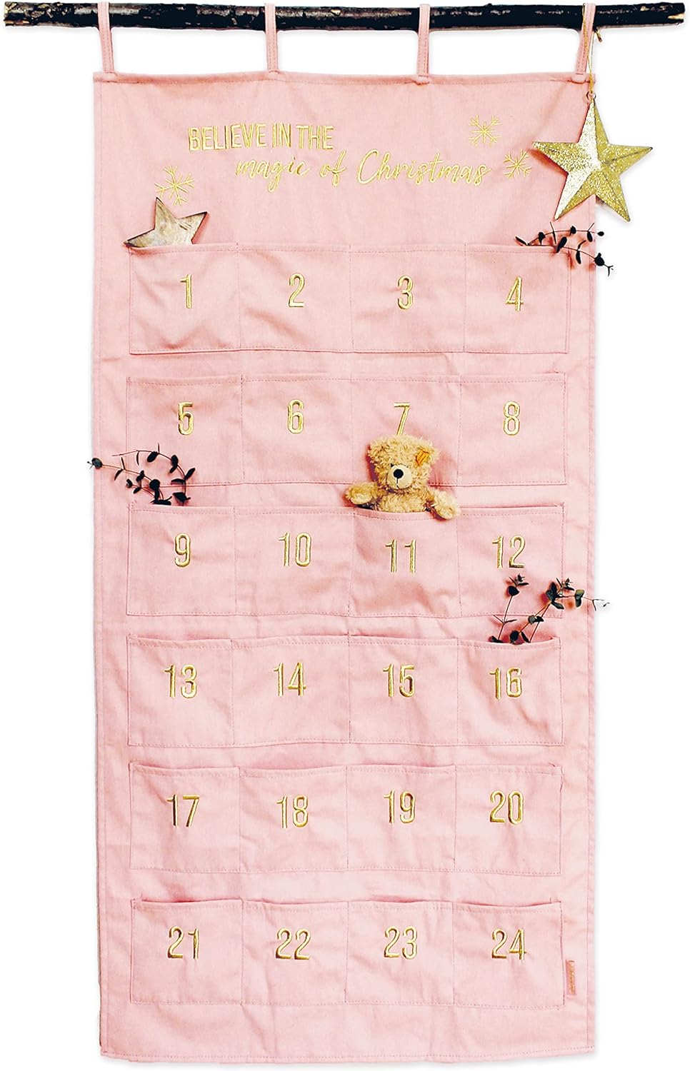 Papierdrachen Advent Calendar 2023 as Wall Calendar Made of Fabric for Filling - Pink & Gold - High-Quality Embroidered - Fabric Bag - Gift Bag - Reusable - Set No. 33
