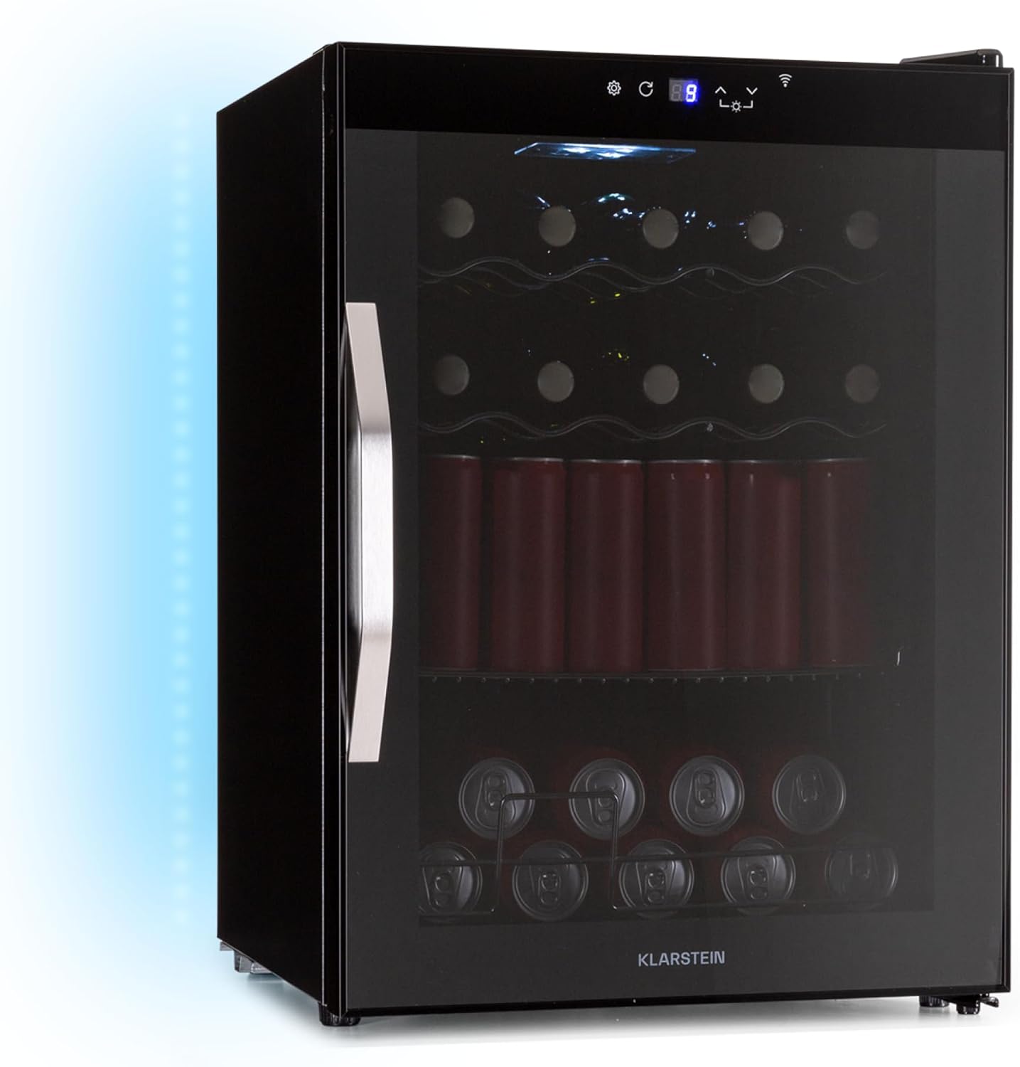 Klarstein Coachella 60 Drinks Fridge - 60 L Drinks Cooler with WiFi, Glass Door, LED Lighting, 3-18°C, 3 Metal Shelves, Balanced Light, Energy Efficiency E, Black