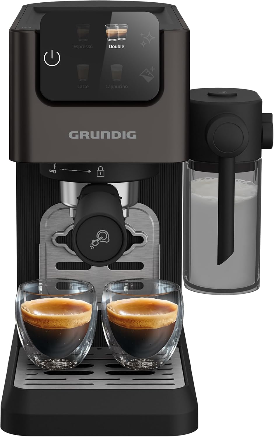 GRUNDIG KSM 6430 Portafilter Machine with Integrated Milk Container, 1628 W Power, 20 Bar Pump Pressure, Double Nozzle, Colored Touch Display, BrewSense, CreamyPro, Dark Inox/Black