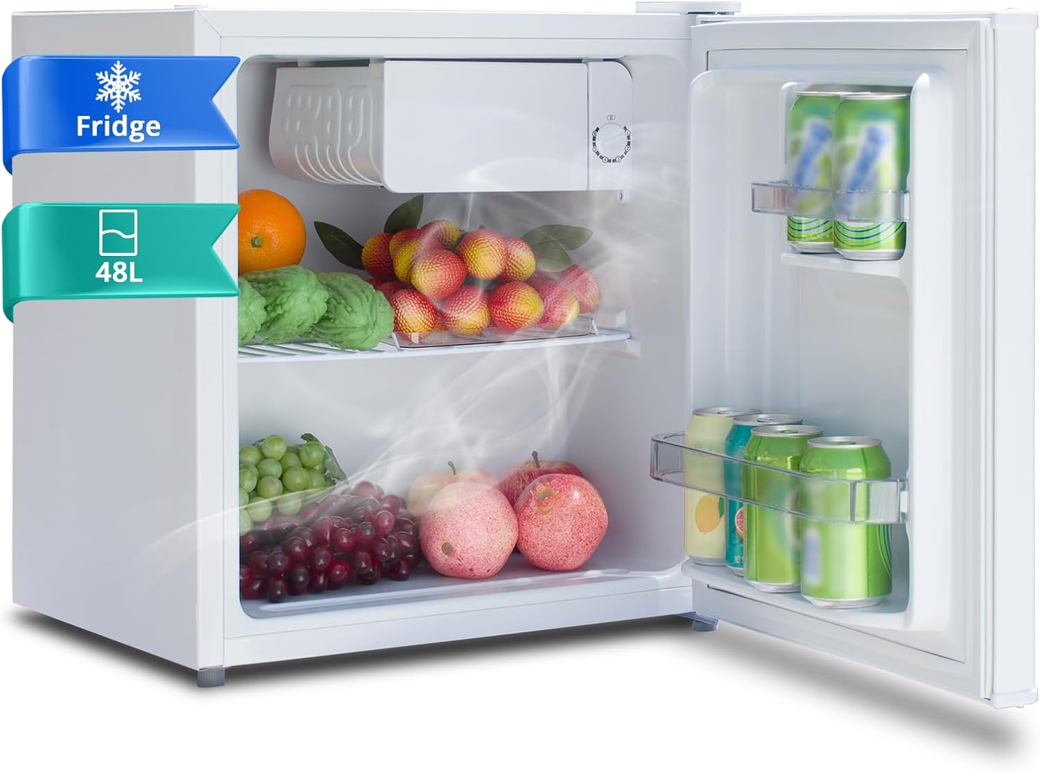 SMETA 48L Mini Fridge, Small Fridge with Freezer, 230 V Quiet Cool Box for Office, Camping, Bedroom & Hotel with Reversible Door, Adjustable Feet, 6 Levels Thermostat, 39 dB Quiet, 0-10°C