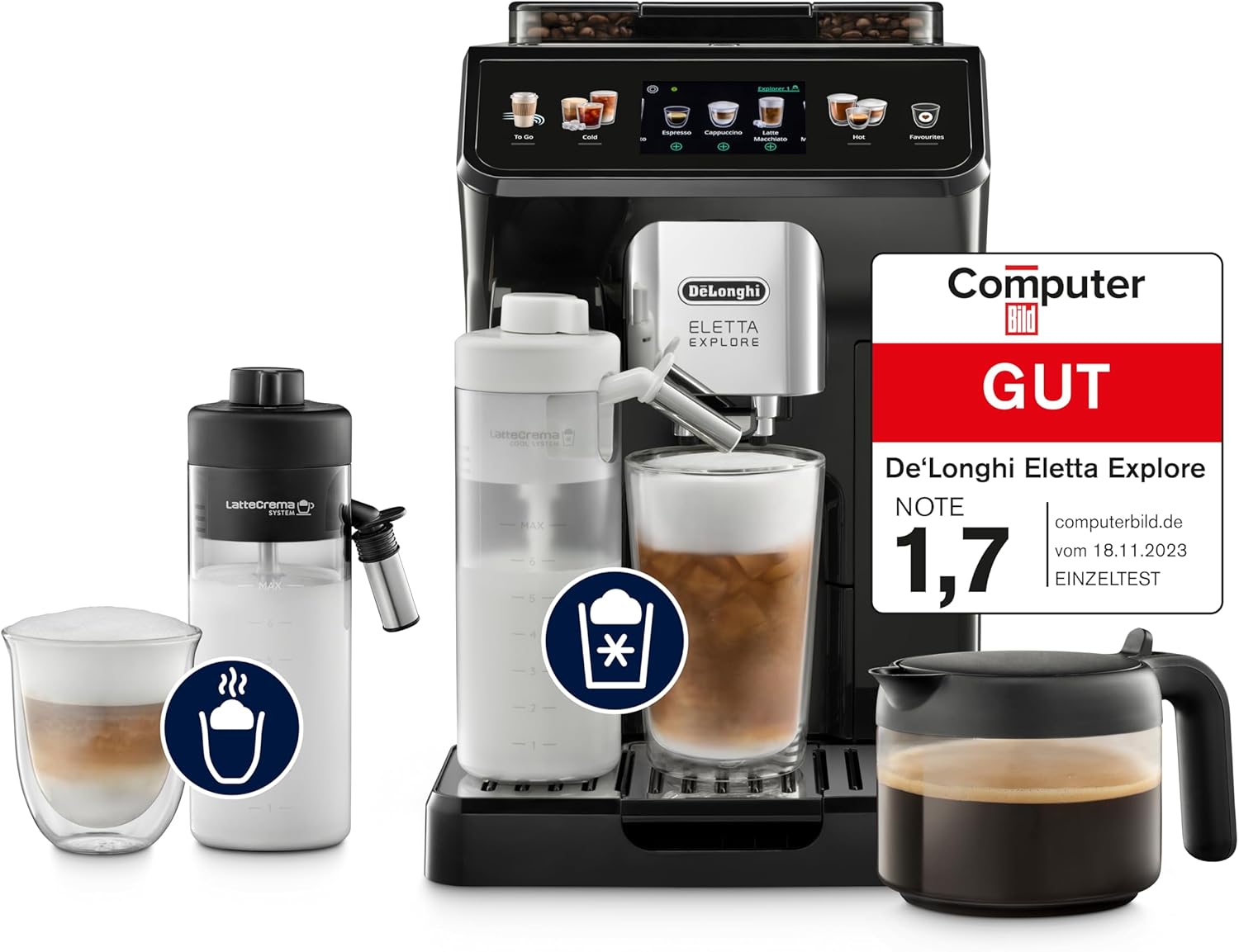 De\'Longhi Eletta Explore - Perfetto Fully Automatic Coffee Machine with LatteCrema Milk Frother, 40 Drinks at the Touch of a Button, Coloured Touch Display, Dark Grey (ECAM452.57.G)