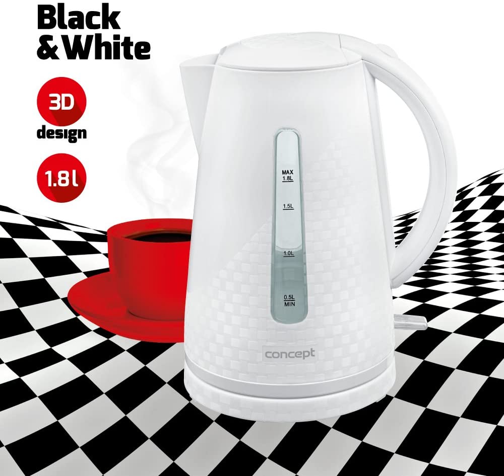 CONCEPT Hausgeräte Concept 1.8L Kettle 3D Modern Design Water Kettle Kettle 360 ° Black/White, pure white