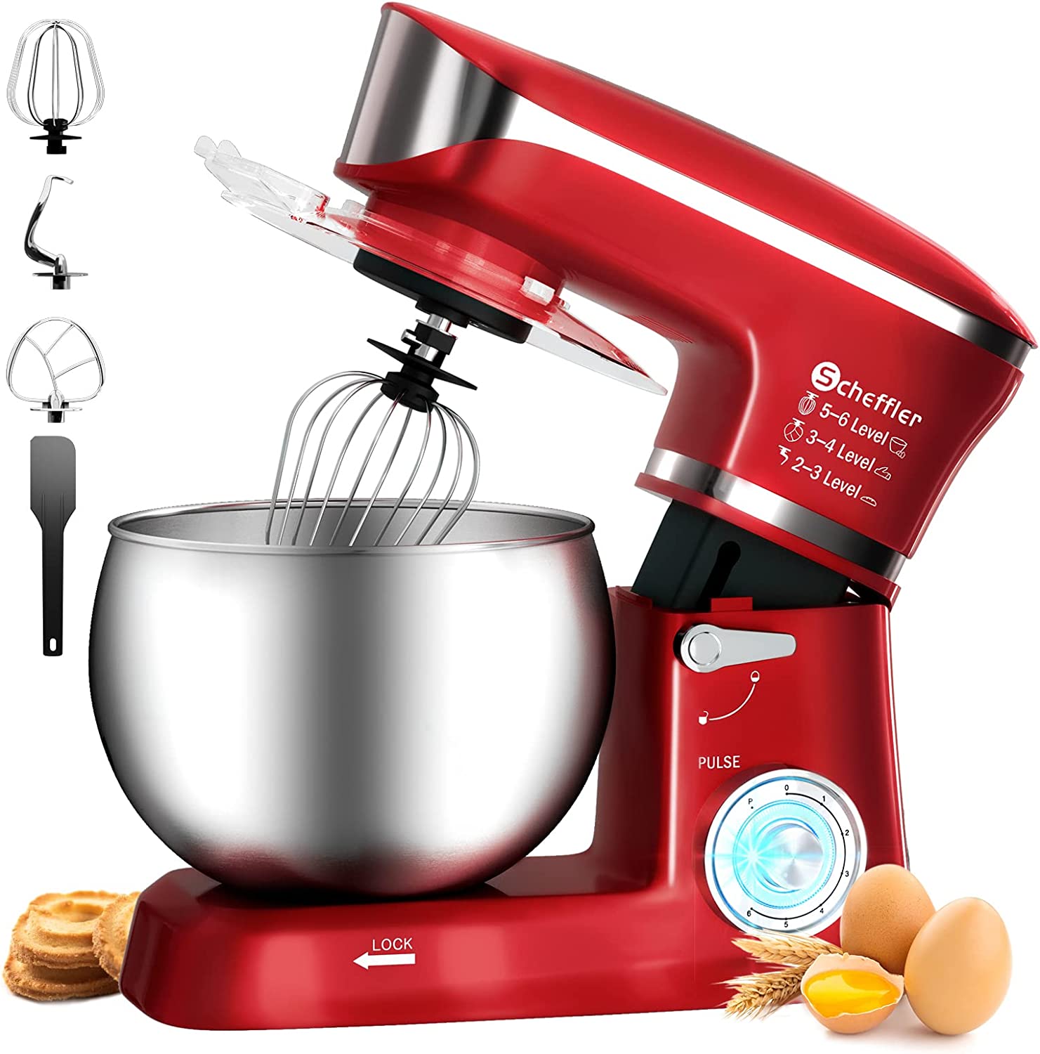 Scheffler Food Processor 2000 W Kneading Machine, 6 L Food Processor XL, Dough Machine, 6 Speeds, 8 Other Accessories Included, Dough Hook, Flat Stirrer, Whisk (6L-Red)